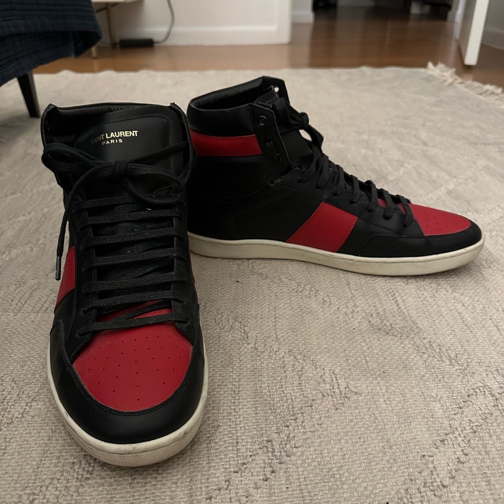 Saint Laurent SL/10H Signature Men’s Court Classic High-Top Sneakers Black-Red - Picture 11 of 12